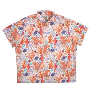 Yiume Hawaiian Aloha Shirt Mens XXXL Marine Life Seahorse Octopus Coral Cotton